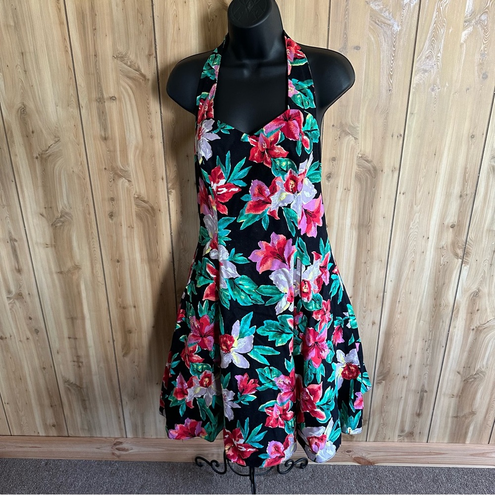 Vibrant Vintage Floral Backless Dress - Black and Pink, Tulle, Made in USA